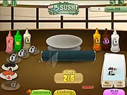 Sushi Sue free online game screenshot, a chef preparing sushi rolls behind a counter in a busy restaurant