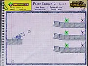 Paper Cannon 2 free online game screenshot, a cannon aiming at structures with green and pink eye targets