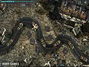 National Defense online game screenshot showing a map with multiple defensive towers firing at a long line of invading enemy units.