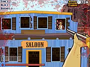 Sheriff Redemption free online game screenshot showing a cowboy sheriff drawing his gun during a shoot-out in a Western town street.