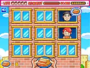 Screenshot of the free online game Fast Food Magic showing a delivery person and multiple buildings with demanding customers and food order bubbles
