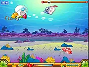 Free online game screen for Blue Ocean Adventure showing a cat and a submarine collecting items on the ocean floor surrounded by marine animals
