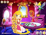 Miracle Hairdo game screen showing a character with a fabulous, colorful hairstyle being tossed out of a tower window, with a surprise fairy tale character climbing up.