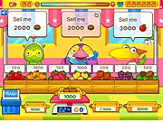 The Fruit Market game screenshot showing a vendor at a market stall weighing fresh fruit for a customer, free online time management game