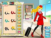Screenshot from Stewardess Brittany Dress Up Online showing Brittany modeling a stylish blue flight attendant uniform with matching hat and scarf