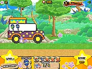 Dora Truck Adventure game screenshot showing Dora driving a small delivery truck filled with gifts across a hilly, colorful landscape, free online delivery game