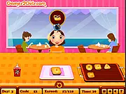 Screenshot of Doughnuts Cafe Management Online showing a busy counter with a server handing a box of doughnuts to a smiling customer