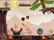 Gameplay image from Viking: Armed to the Teeth showing a brave Viking hero facing a monstrous enemy in a dark forest level