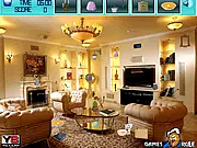 Screenshot of Classic Room Objects free online game showing a detailed living room with hidden objects