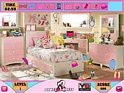 Screenshot of Girl Hidden Objects free online game showing a cluttered girl's room with hidden items to find, point and click puzzle game
