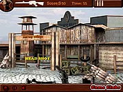 Freaky Cowboys Shootout game screenshot featuring a cowboy character in a classic Wild West duel aiming a pistol at an opponent in a town setting