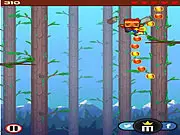 Screenshot of Wood Cutter Jake showing the character running through a forest, collecting gems while dodging branches and birds in this fast-paced free online game.