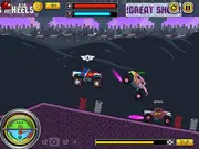Gameplay screenshot from Monsters' Wheels: Stunt Race, a free online monster truck game, showing a large red truck flying through the air after a stunt, with a progress bar and coins on the screen.