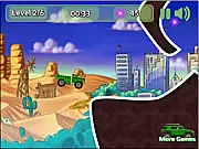 Gameplay image of a Ben 10 vehicle racing through a level, collecting purple and orange orbs in the free online game Ben 10 Road Rage.