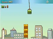Gameplay image of a block swinging from a crane about to be dropped onto a tall, existing tower in the free online stacking game Tower Blocks.