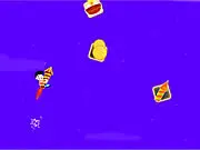 Gameplay screenshot of the character 'Chintu' using a rocket booster to fly at high speed past obstacles in the free online game Rocket Fun.