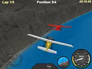 Screenshot of a 3D airplane in the Plane Race game flying quickly through an aerial checkpoint over a mountainous racing track.