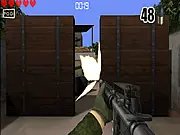Screenshot of the 3D first-person shooter game Army Training - Field Forces showing the player's crosshair focused on an enemy soldier in a dusty, open field.