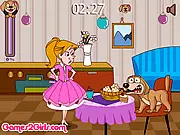 The hungry puppy character sneaking food off a table in the Foody Puppy free online game