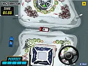 Parking Frenzy: Winter free online game screenshot showing a car carefully maneuvering around obstacles in a snowy, icy parking lot
