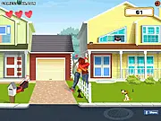 Love Thy Neighbor free online game screenshot showing two characters kissing secretly while a watchful neighbor peer is looking out a window