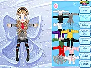 Screenshot of Sarah in a warm outfit in Snow Angel Dress Up game on PlayArcadeHub
