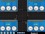 Screenshot of Traffic Control Time free online game showing cars at an intersection and clocks used to manage the flow of traffic