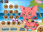 Screenshot from Kitty Makeover online game showing a cat wearing silly clothes and accessories with brightly dyed fur