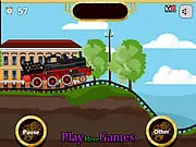 Screenshot of Coal Train free online game showing a steam locomotive carrying a large pile of coal down a bumpy track