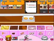 Screenshot of Choco Cookies Shop online game showing various cookies and toppings, time management cooking game