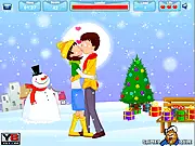 Christmas Love Kissing free online game screenshot showing a couple kissing on a snowy hill while a small child stares at them.