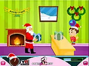 Screenshot from Funny Santa Gift Serves online game showing Santa delivering gifts to waiting children beneath a chimney under a timer
