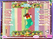 Screenshot of Christmas Decor Online free game showing custom-designed Christmas stocking and wreath decorations, holiday craft game