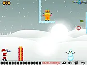 Bounzy Christmas Edition online game screenshot showing a ball bouncing off a wall to hit a snowman and a robot target.