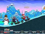 Santa Snow Ride free online game featuring Santa and a penguin racing on a snowy track with gifts
