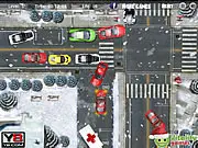 Screenshot of V8 Winter Parking Simulator free online game showing a car drifting toward a parking spot on a snowy track, V8 driving skills game