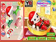 Screenshot of Santa Baby free online dress up game showing an adorable baby character wearing a festive Christmas outfit and hat