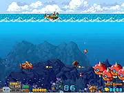 Gameplay screenshot of Submarine War, showing a submarine underwater firing a torpedo at an enemy ship on the surface, a free online naval battles game.