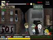 Gameplay screenshot from Bro vs Zombie, a free online survival game, showing a character fighting off a horde of green-skinned zombies in a desolate town.