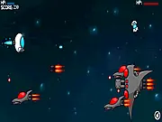 Gameplay screen of Drone Zone 2013 free online space shooter, showing a small drone spacecraft dodging bullets and firing at large enemy ships.