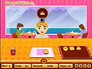 Screenshot of Doughnut's Cafe showing a busy counter with a manager serving various colorful doughnuts and coffee to impatient customers in this free online game.