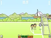 Screenshot of 1 on 1 Soccer Brazil, showing two cartoon players with large heads competing for a football on a green pitch in this free online game.