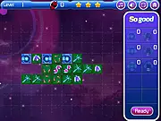 Screenshot of Steel Bugs game board showing several geometric turrets placed on a grid aiming their fire to clear squares marked by cartoon bugs in this free online game.