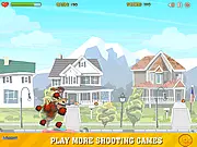 Screenshot of Spunky vs Aliens showing a small dog flying a dog house ship shooting bright lasers at several alien enemies in this free online arcade shooter.