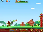Robin Shoot Apple online game screenshot, archer aiming a bow and arrow at an apple on a head, free archery skill game
