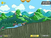 Screenshot of Remodel Racing showing a heavily customized racing car speeding around a track, battling closely with an opponent in an aggressive, action-filled race