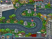 Gameplay screenshot of Final Siege, showing a top-down view of a strategic map with various turrets placed along a path to defend against an incoming wave of zombies and flying units