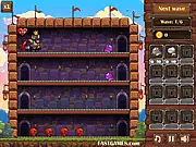 The gameplay map for Guard of the Kingdom, showing a grid layout with several defensive units placed strategically along a winding path to intercept an incoming wave of fantasy-themed enemies