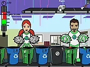 The gameplay screen for Super Sustainable Sort showing three labeled bins (Trash, Compost, Recycling) and various items that need to be correctly dragged and dropped by characters Jesse and James