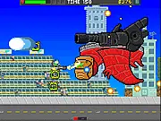 Gameplay screenshot of Boss 101 showing Max the teenager flying with his jetpack and shooting at a giant robot dinosaur or a samurai alien in a colorful action sequence